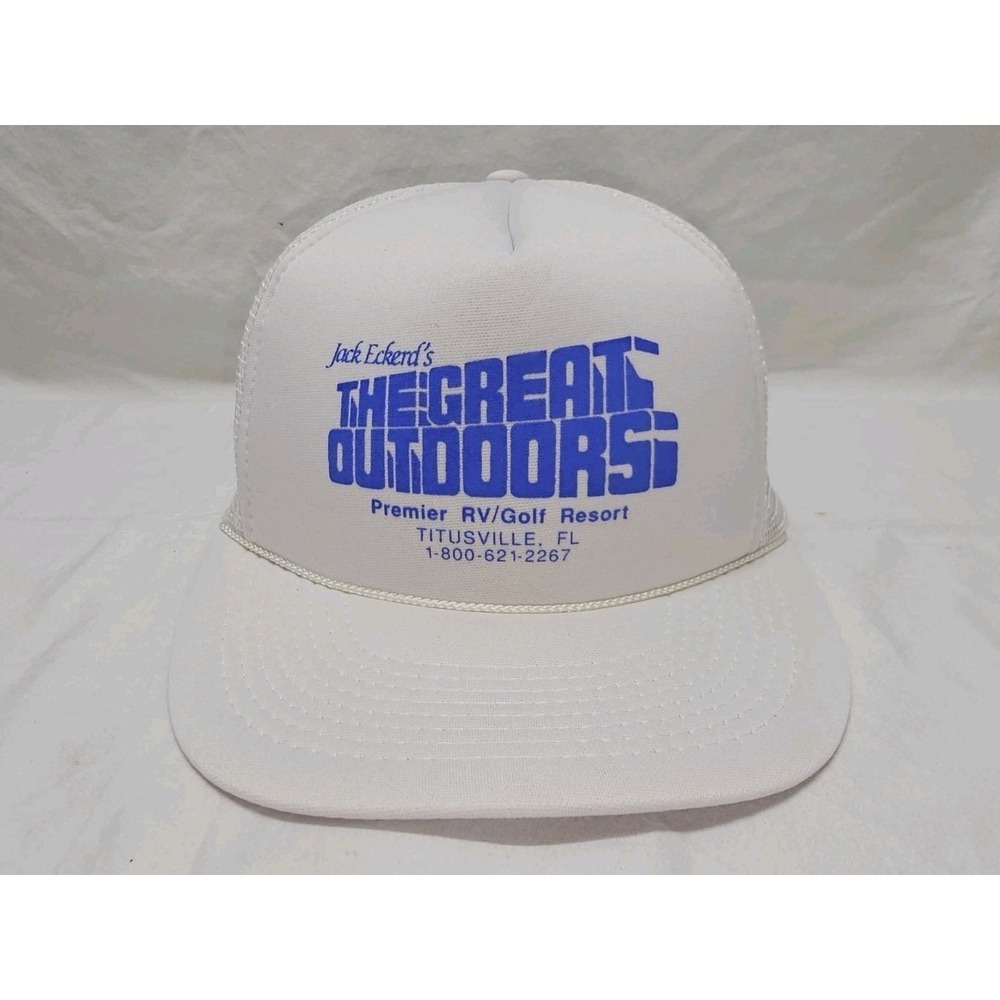 VTG Jack Eckerds The Great Outdoors Trucker Hat Mesh Foam Snap Back White